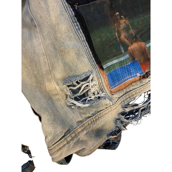 Upcycled Saint Pablo Patch Denim Jacket OOAK Distressed Bleached Street Grunge - Picture 14 of 16
